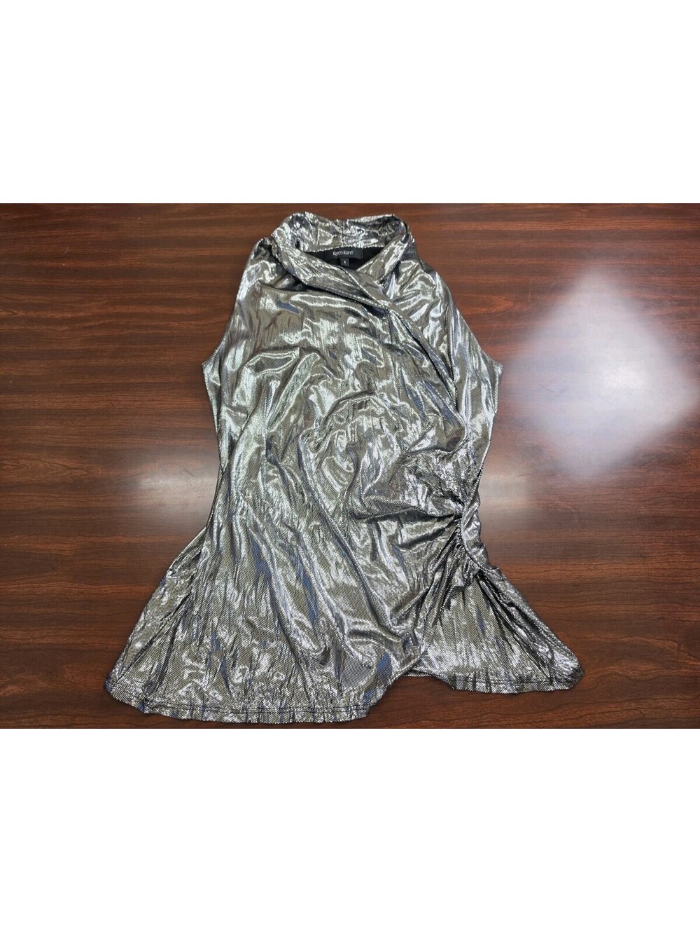 Karen Kane Womens Small Silver Metallic Foil Mock Neck Sleeveless Y2K Night Top